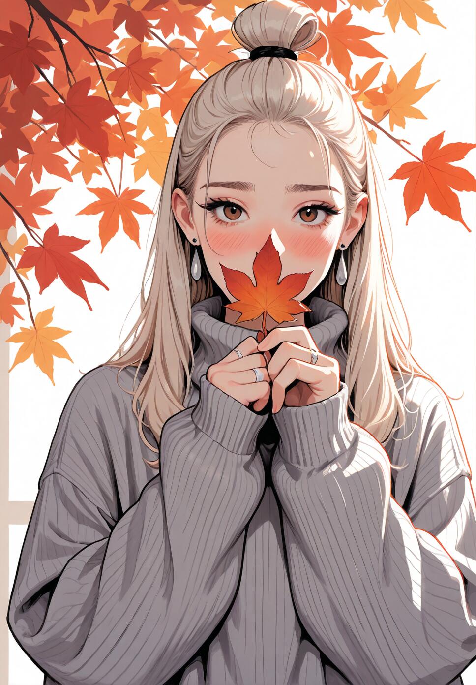 An anime-style illustration of a young woman with platinum blonde hair in a topknot, wearing a grey turtleneck sweater. She holds an orange maple leaf over her mouth and looks shyly at the camera, with a background of autumn leaves.