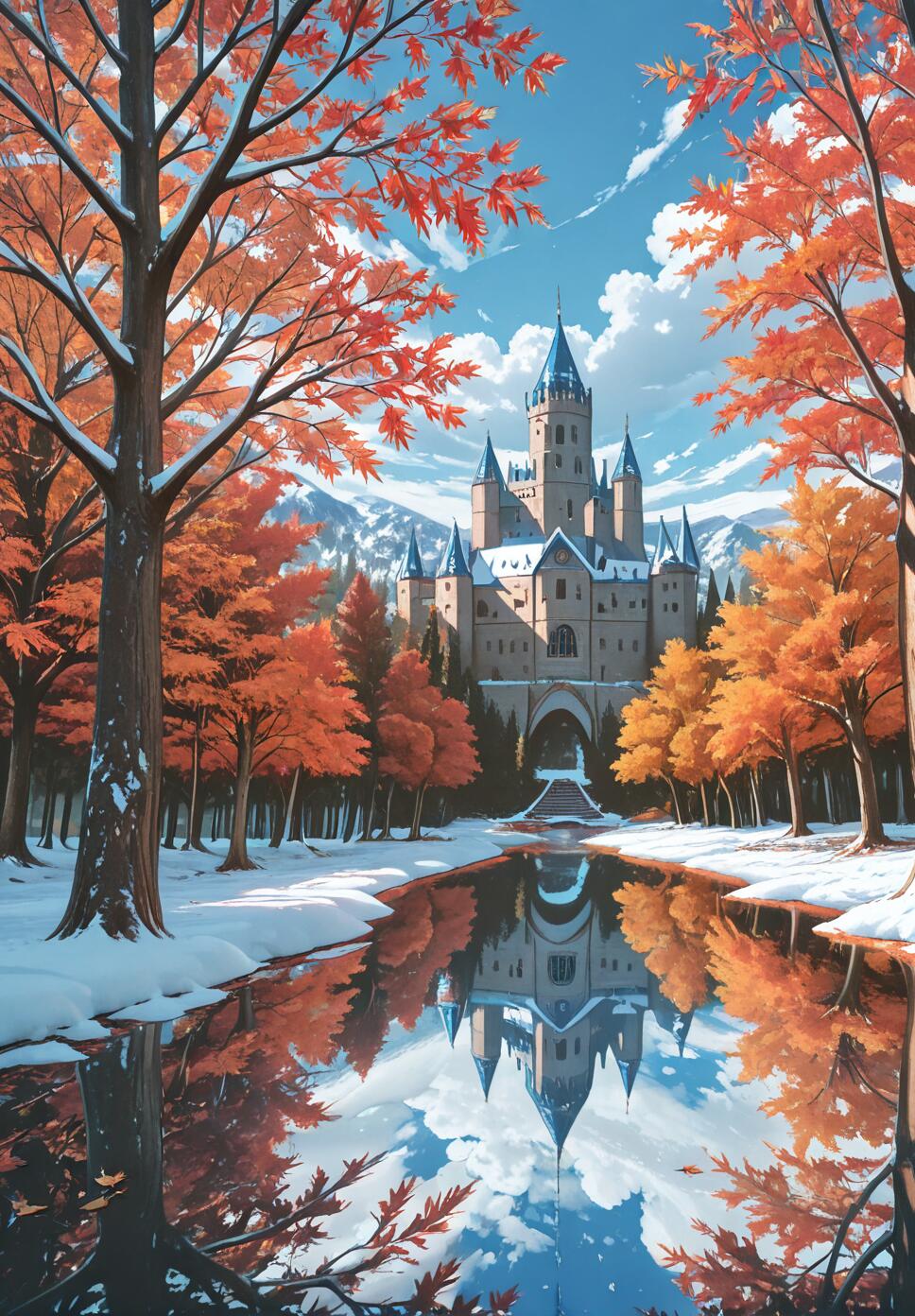 An illustration of a fantasy castle with blue-topped towers, surrounded by trees with fiery orange autumn leaves and snow on their branches. The snowy ground leads to a still pond that perfectly reflects the castle and the sky.