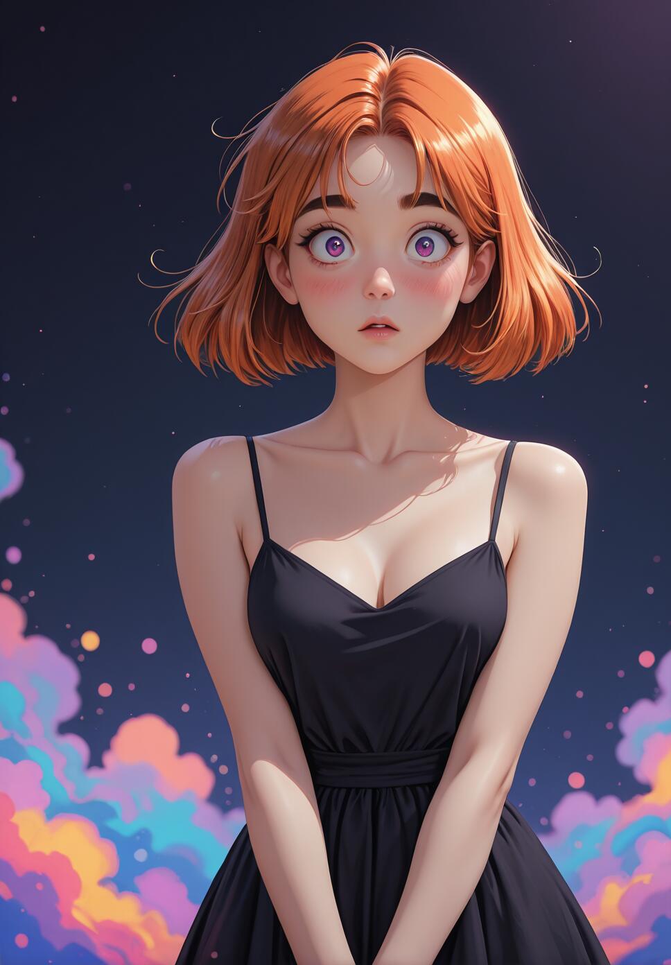 An anime-style girl with short orange hair and big purple eyes wearing a black dress, looking at the viewer with a surprised expression against a backdrop of a starry night with colorful, glowing clouds.