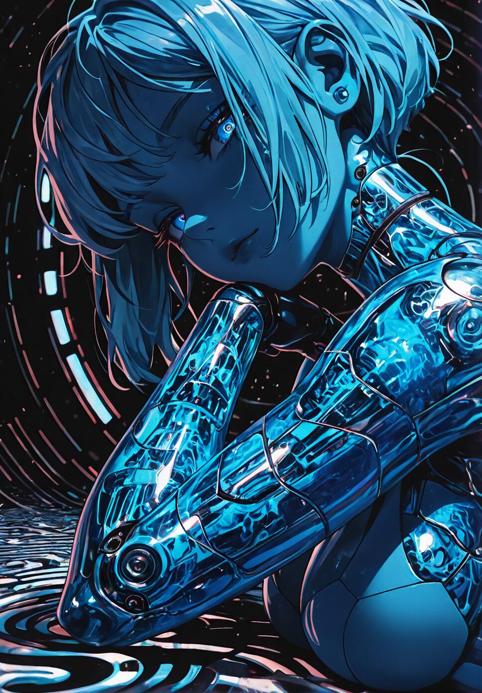 An anime-style illustration of a female cyborg with short blue hair and glowing blue eyes. She is resting her chin on her transparent, robotic arm, revealing complex inner mechanics. The scene is set in a dark, futuristic environment with blue and white neon lights and a rippling surface below her.