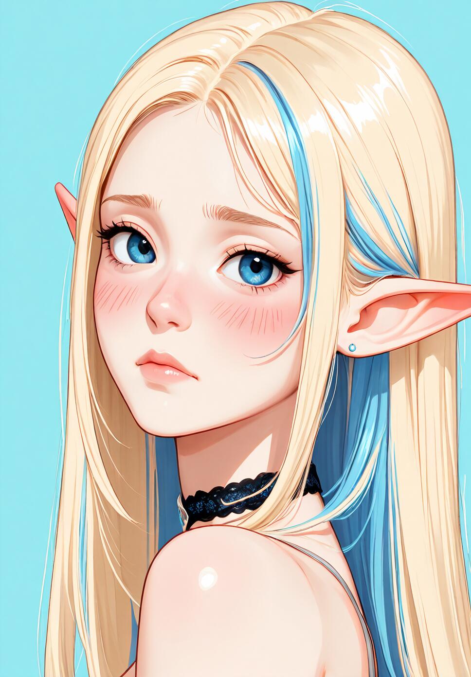 A close-up portrait of a young elf girl with long blonde hair and light blue streaks, large blue eyes, and pointed ears, wearing a black choker against a light blue background.