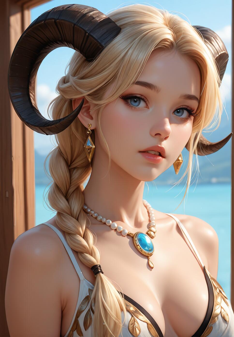 A beautiful young woman with long blonde hair in a braid, striking blue eyes, and large, dark ram's horns, wearing a pearl necklace with a blue gem and looking at the camera against a seaside background.