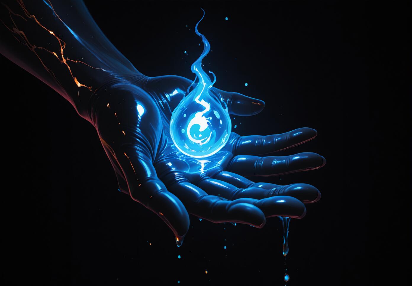 A dark, stylized hand with blue highlights and orange cracks holds a glowing blue, flame-shaped orb of light against a black background. Liquid drips from the fingertips.