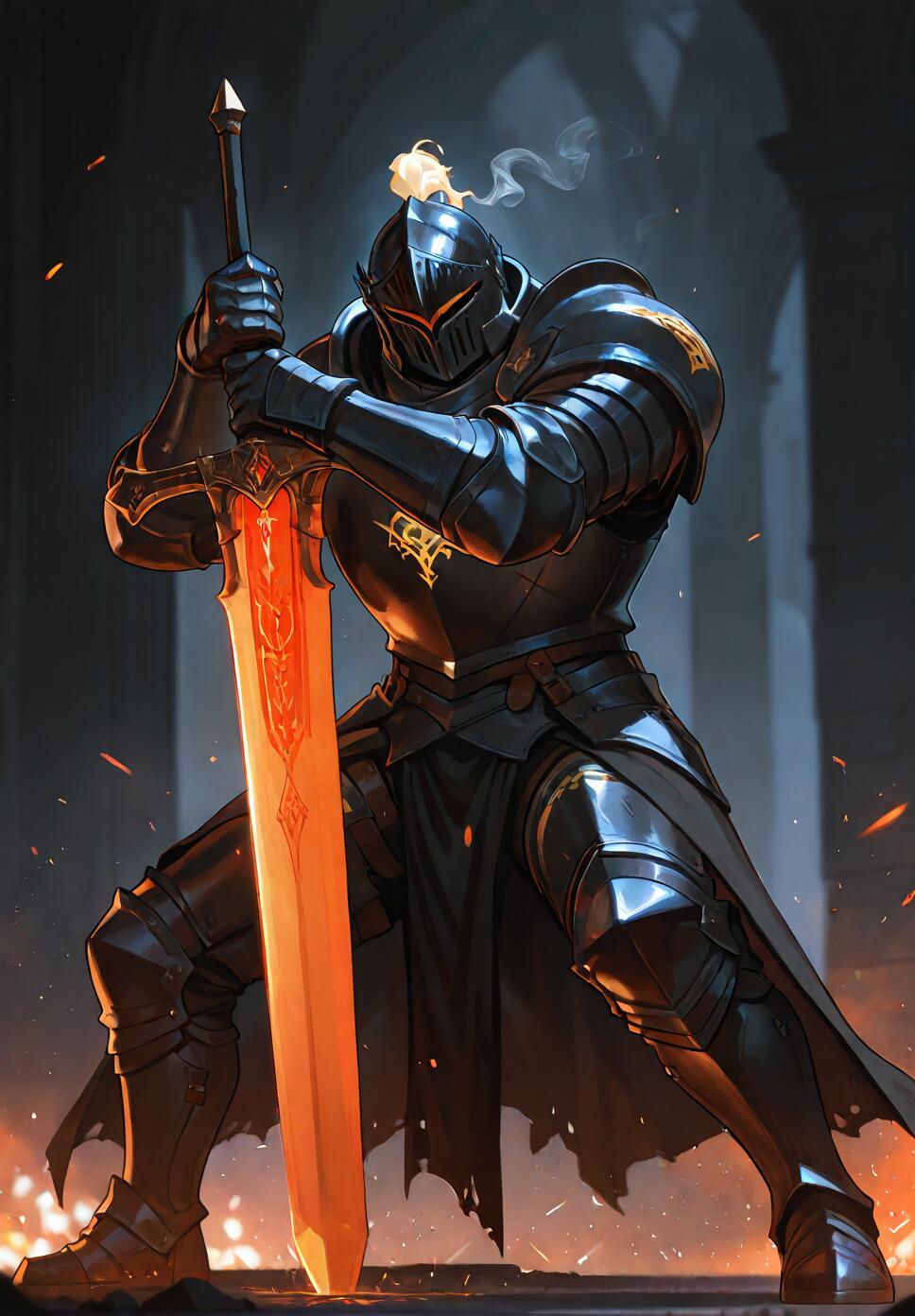 A full-length digital illustration of a knight in heavy black armor holding a giant, glowing orange greatsword planted on the ground in a dark, arched hall filled with embers.