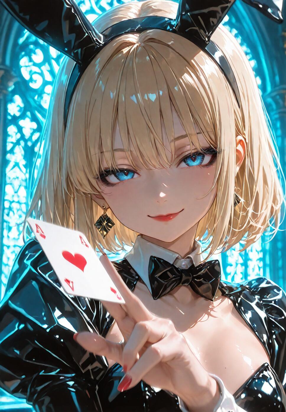 An anime-style illustration of a blonde girl with blue eyes in a black bunny suit, smiling as she holds up the Ace of Hearts playing card towards the camera.