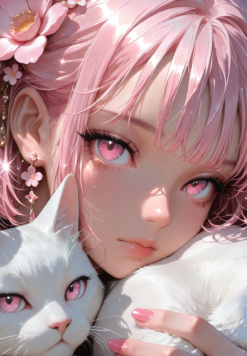 A close-up illustration of a young anime-style woman with short pink hair, pink eyes, and pink flower hair ornaments. She is holding a white cat with pink eyes and looking directly at the viewer.
