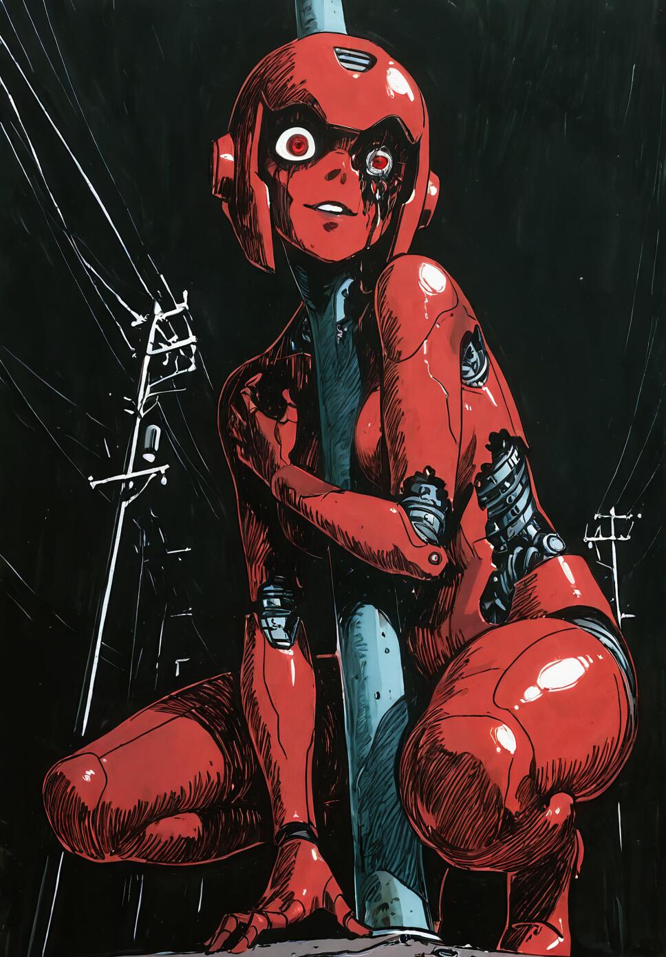 Illustration of the red cyborg Hornet from the manga Abara, in a damaged state, squatting on a utility pole at night with a creepy, wide-eyed expression.