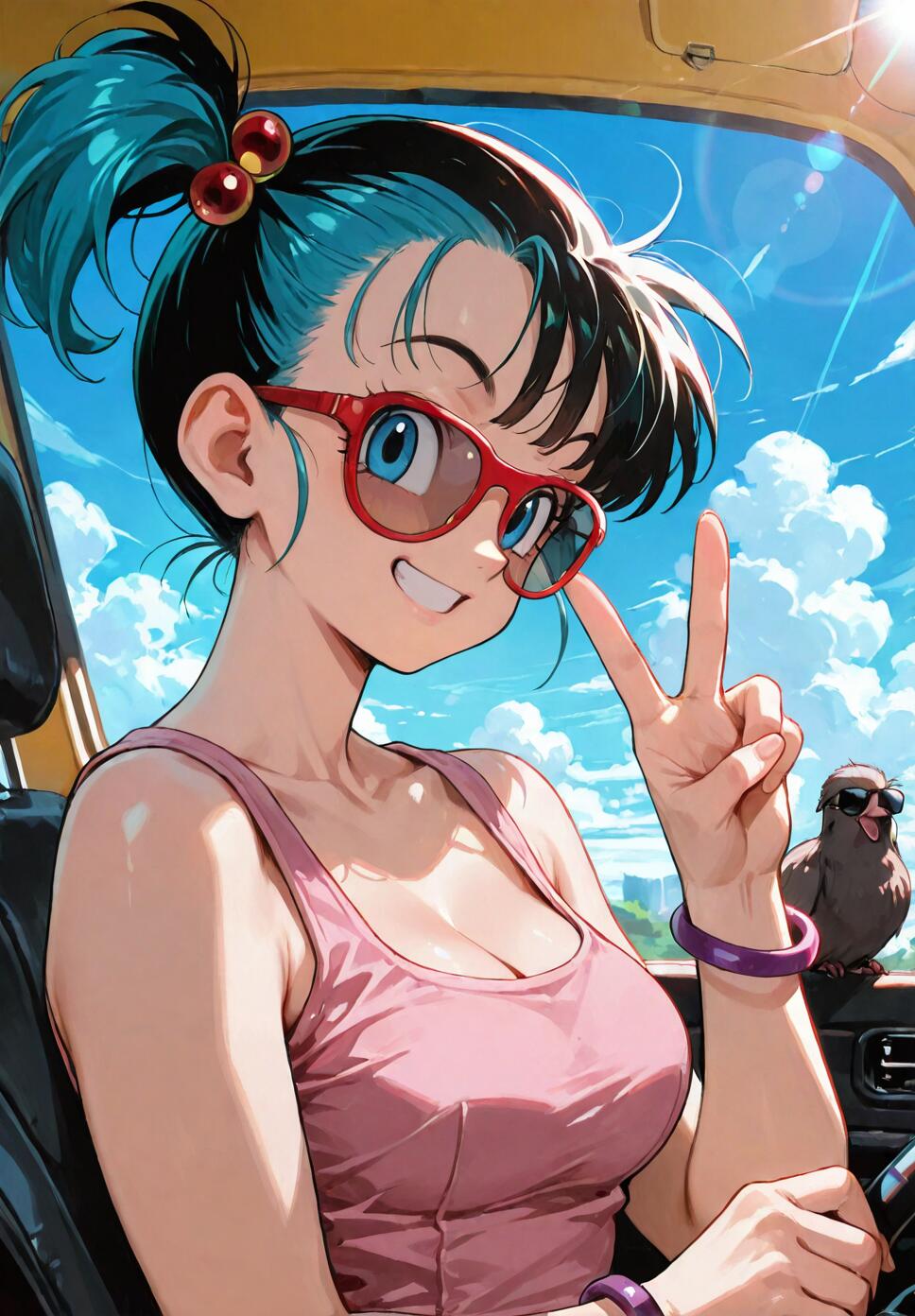 An anime-style illustration of Bulma from Dragon Ball in a car. She has blue hair, wears red sunglasses and a pink tank top, and makes a peace sign. A pigeon with sunglasses sits nearby on a sunny day.