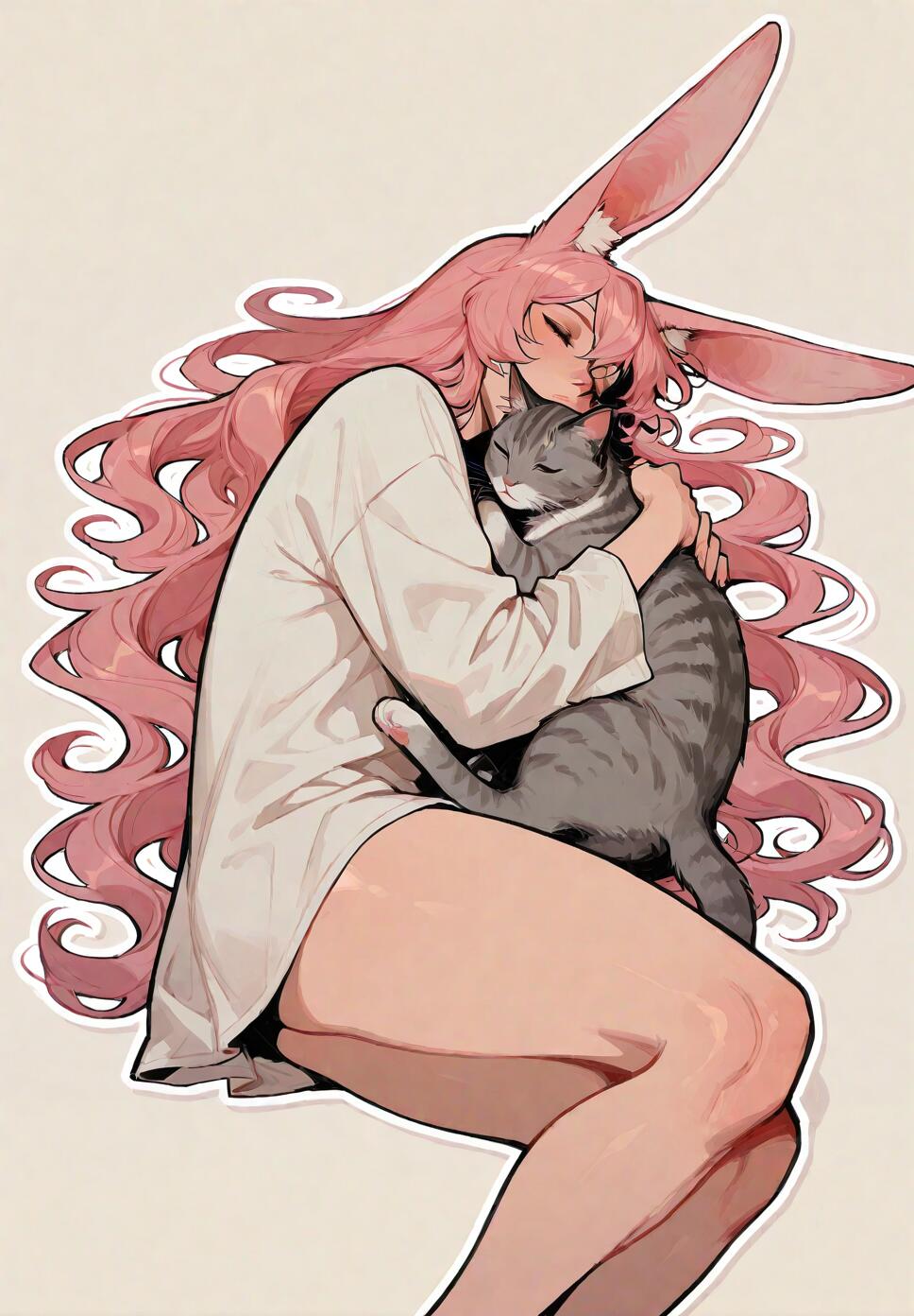 A girl with long pink hair and pink rabbit ears, wearing a white baggy shirt, sits while lovingly hugging a grey tabby cat to her chest. Her eyes are closed in a peaceful expression.