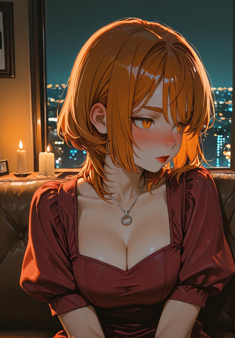 An illustration of Makima from Chainsaw Man, a woman with orange hair and eyes, sitting on a couch in a red dress, with a candlelit cityscape visible behind her.