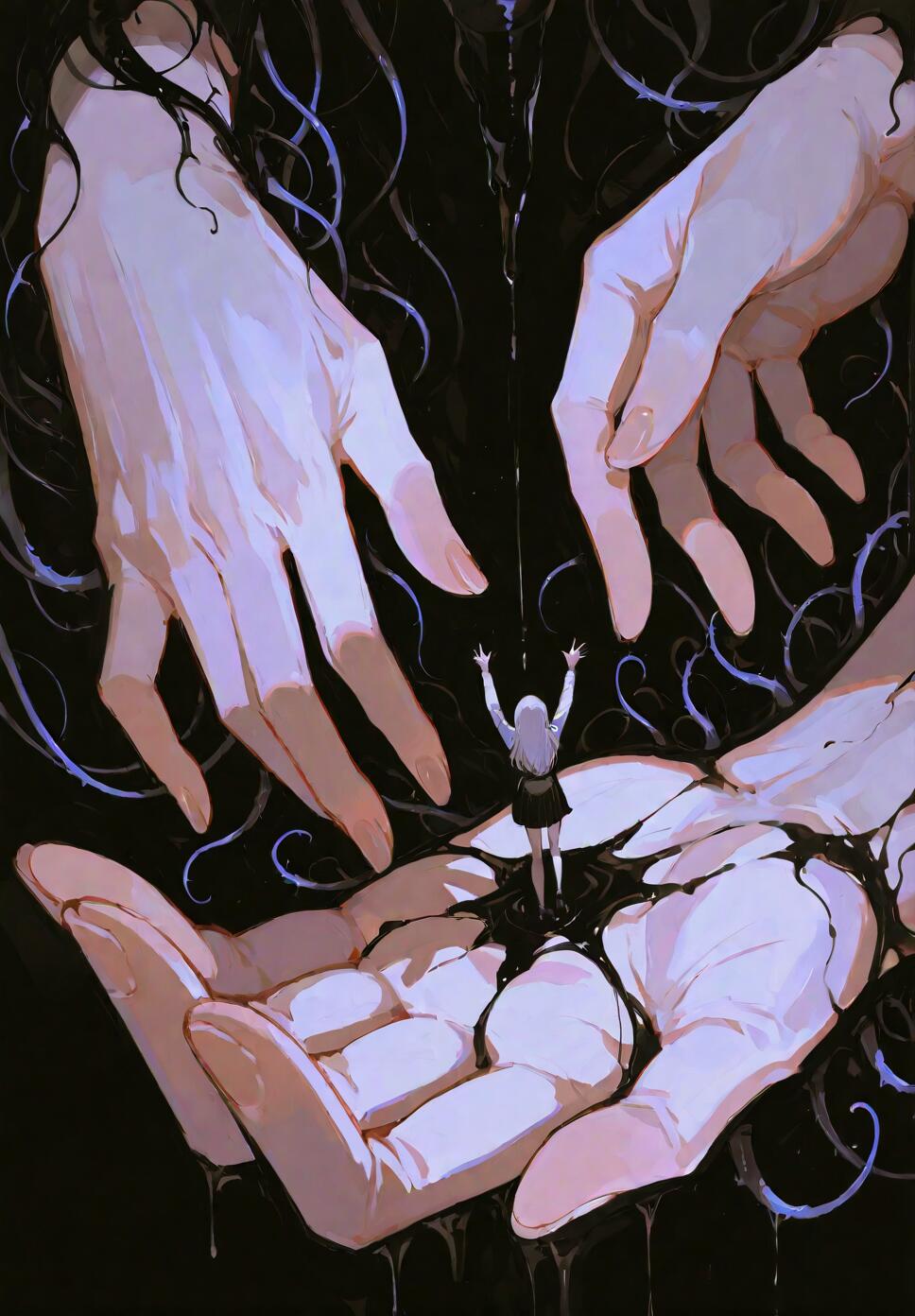 A surreal digital illustration of a tiny girl with white hair standing in the palm of a giant hand. Two other giant hands loom over her, surrounded by a black, inky substance and thorny blue vines against a dark background.