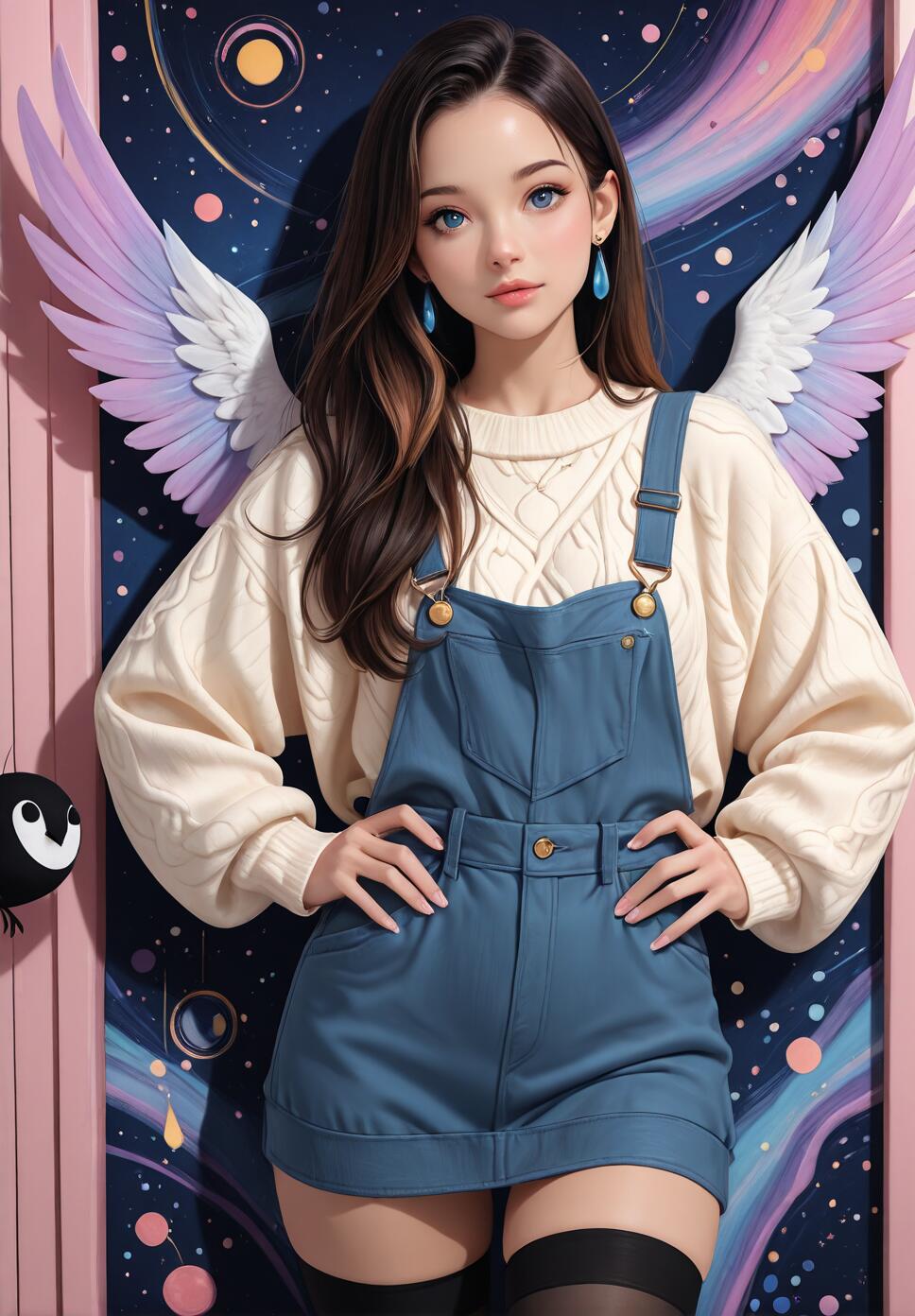 A young woman with brown hair, blue eyes, and purple-tipped angel wings poses in a cream sweater and blue overalls against a celestial space background.