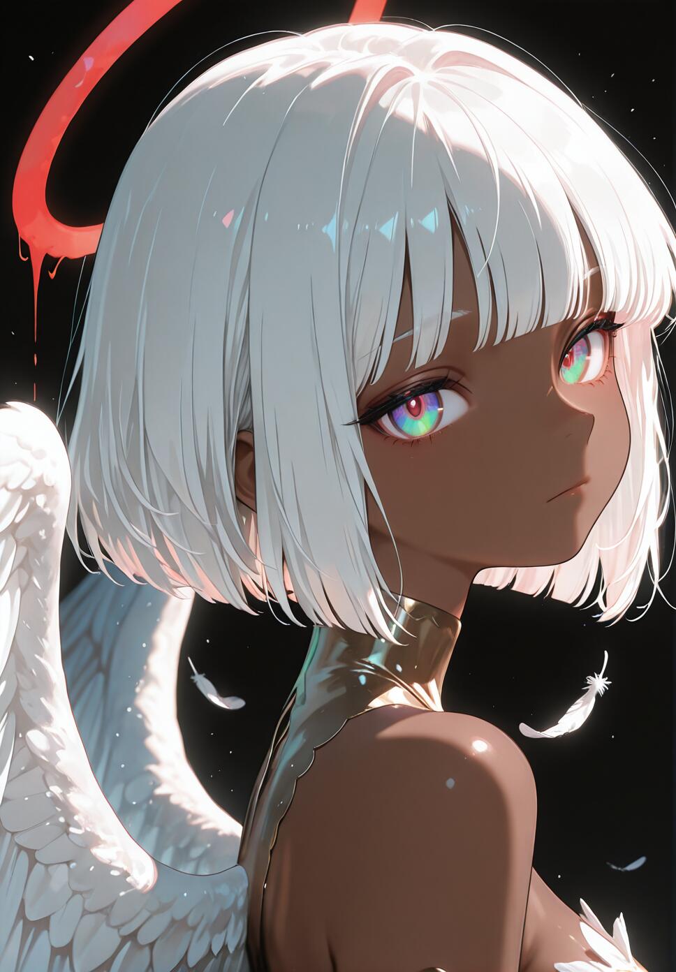 An anime-style illustration of a dark-skinned angel with short white hair and vibrant, multicolored eyes. She has large white wings and a dripping red halo, and is looking over her shoulder at the viewer against a black background.