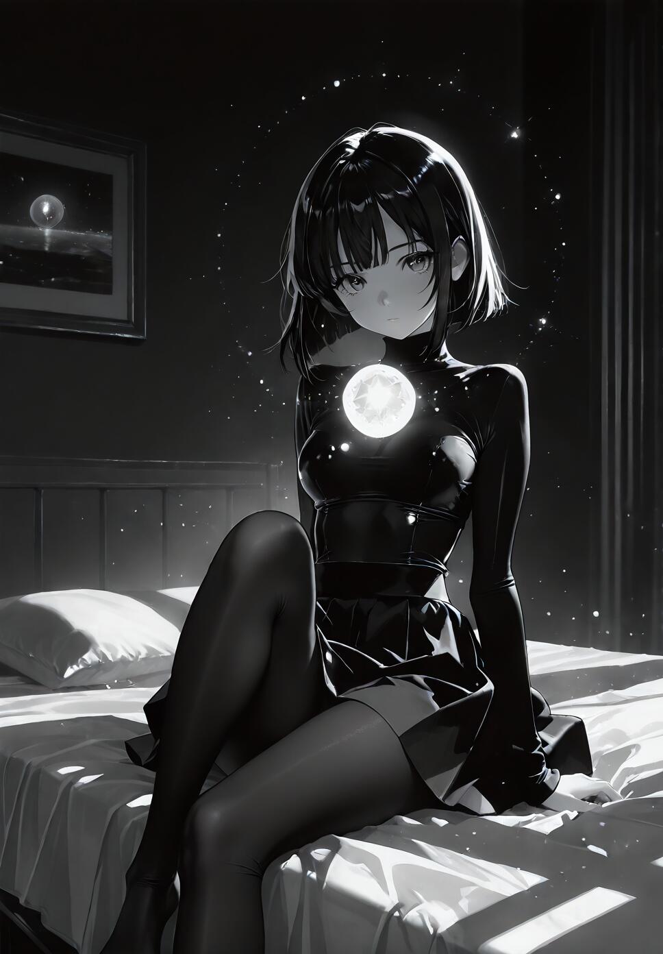 A monochrome illustration of the anime character Hotaru Tomoe sitting on a bed in a dark room. She has short black hair and wears a tight all-black outfit. A glowing sphere resembling a full moon is on her chest, and she is surrounded by sparkles.