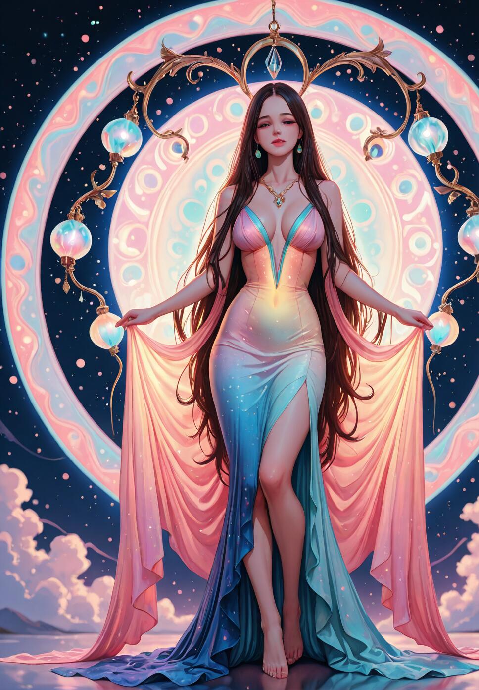 A full-length illustration of a beautiful woman with long dark hair in a colorful gradient dress, standing barefoot in front of a giant glowing celestial mandala against a starry night sky.