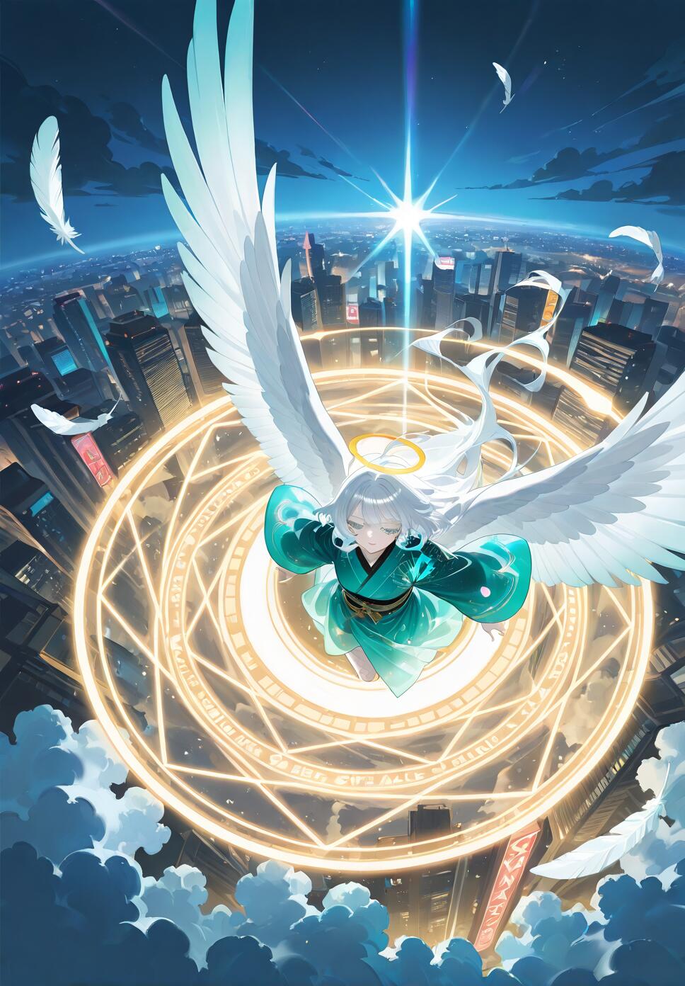 An anime-style angel with white hair and large wings hovers within a glowing golden magic circle high above a modern city at night, as seen from a high-angle view.