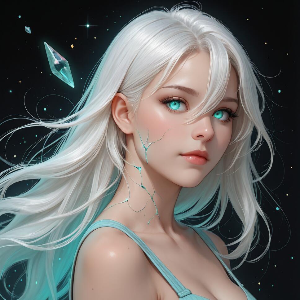 A close-up digital portrait of a beautiful fantasy woman with long white hair and vibrant, glowing aqua eyes. She has glowing teal cracks on her cheek and neck, and a floating crystal is visible in the dark, starry background.
