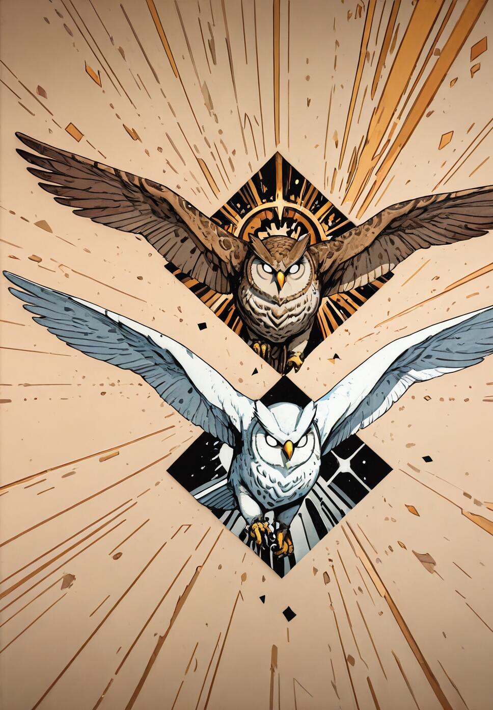 A vertical graphic illustration of two owls flying towards the viewer. A brown owl is at the top, and a white owl is below it. Both are framed by black diamond shapes against a tan background with radiating lines suggesting motion.