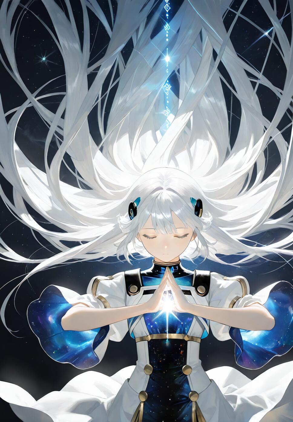 An anime girl with long, flowing white hair stands with her eyes closed and hands together, a bright light shining between them. She wears a white and blue celestial-themed outfit against a starry background.