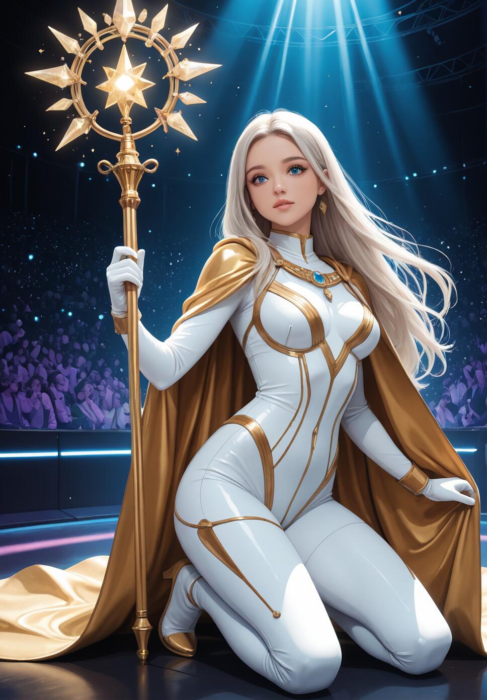 A digital illustration of a young woman with long white hair in a white and gold bodysuit and cape, kneeling on a stage while holding a glowing golden star-topped staff, with spotlights and an audience in the background.