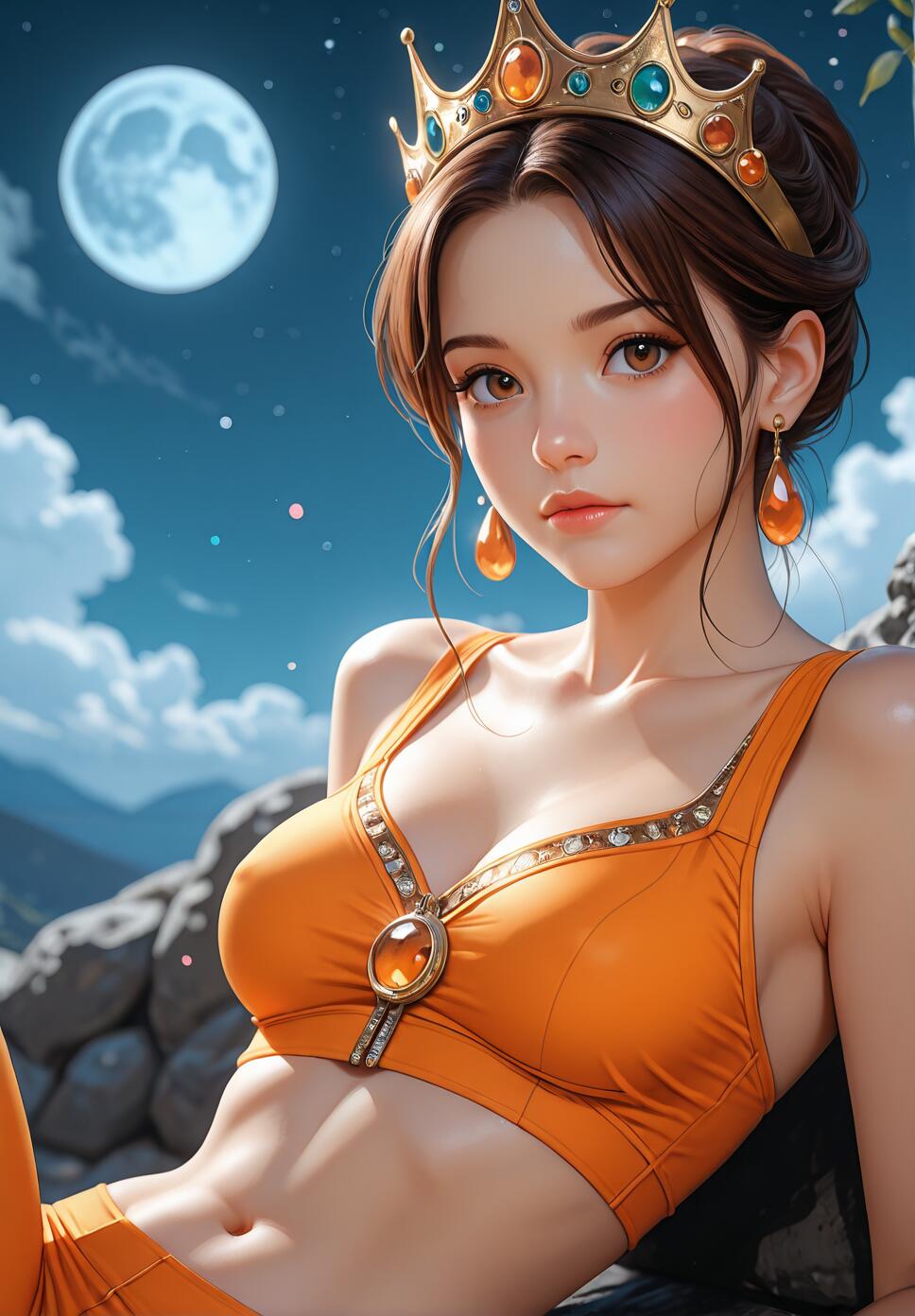A digital illustration of a young woman with brown hair wearing a bejeweled golden crown and an orange top, posing outdoors at night with a full moon in the background.