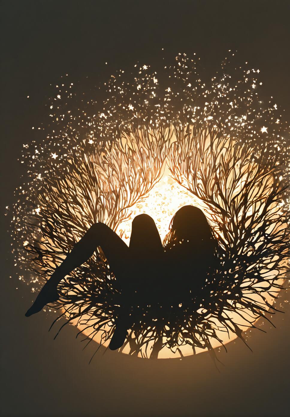 A silhouette of a woman in a reclining pose, nestled within a circular formation of dark branches. The scene is backlit by a large, warm golden orb, with sparkling star-like lights radiating from the top.