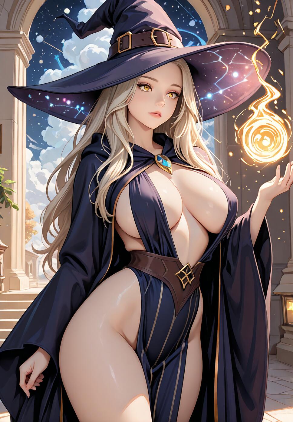 A full-body illustration of a curvy anime sorceress with long blonde hair and a large witch hat, wearing a revealing dark blue outfit and conjuring a ball of fire in a temple under a starlit sky.