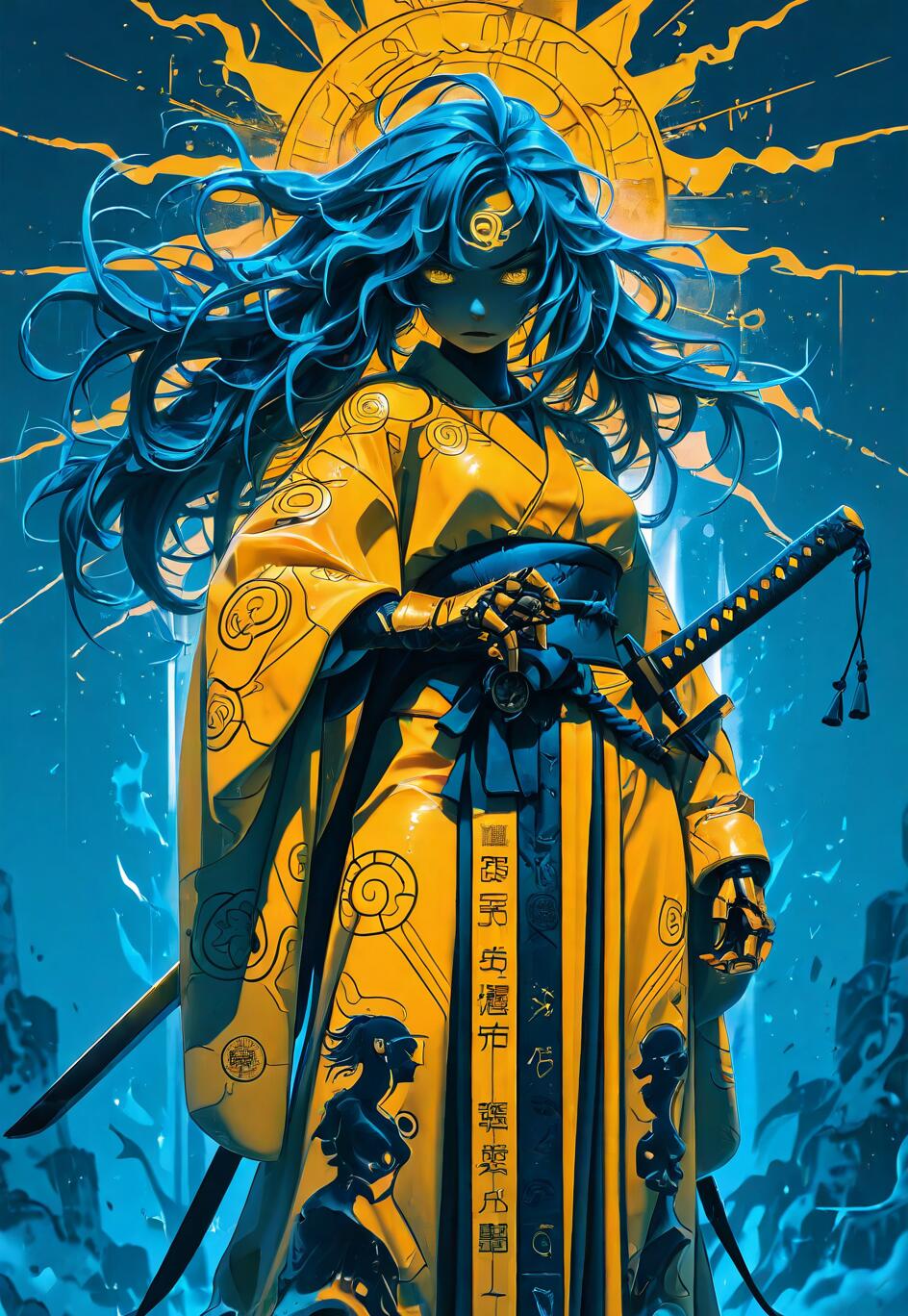 A full-length anime-style illustration of a female warrior with long, flowing blue hair and glowing yellow eyes. She wears a yellow kimono and holds a katana, standing before a large golden sun against a blue background.