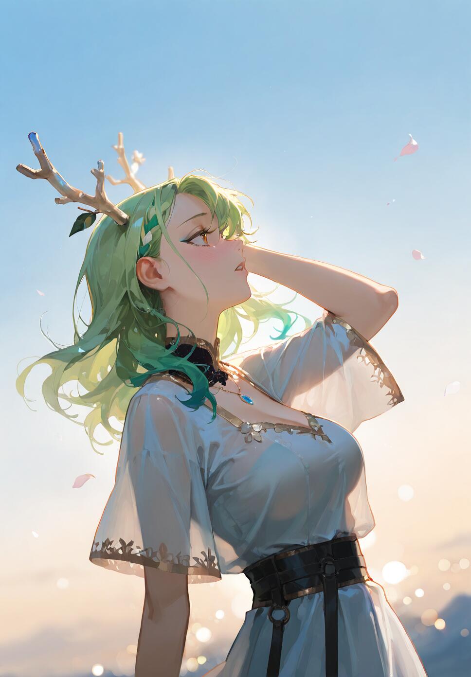 An illustration of Ceres Fauna, a woman with long green hair and small antlers, looking up at a bright sky. She is wearing an elegant white dress and is bathed in warm, golden light.