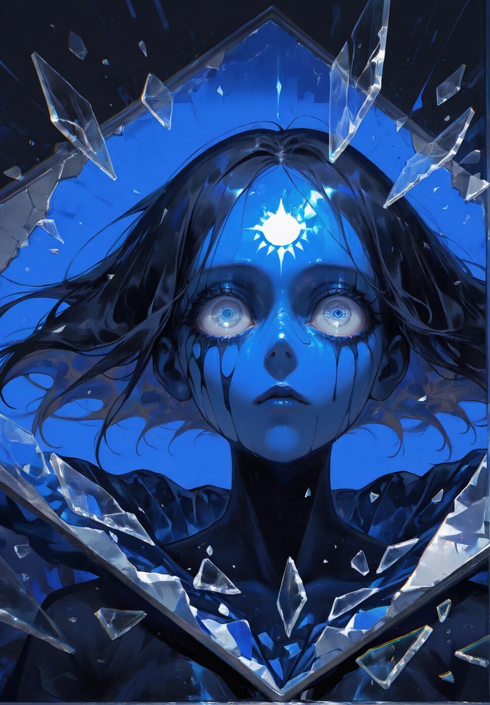 A close-up digital illustration of a girl with blue skin and large, glowing white eyes. She has a white star-like symbol on her forehead and black markings dripping from her eyes like tears. She is surrounded by shards of broken glass against a deep blue background.