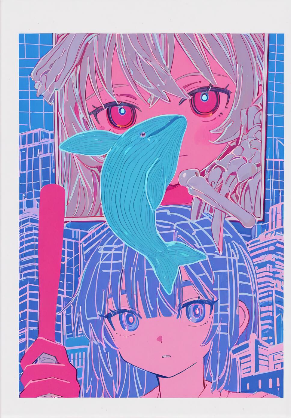 A surreal anime-style illustration with a pink and blue color scheme. A blue-haired girl holding a pink baseball bat is in the foreground, with a large blue whale floating above her. In the background is a framed image of a girl with lavender hair and pink eyes.