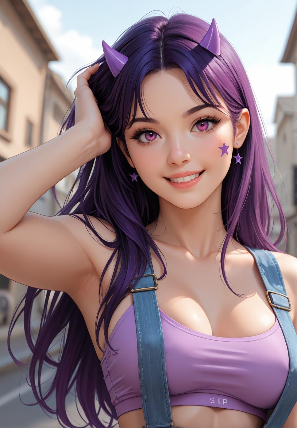 A digital illustration of a young woman with long purple hair, purple eyes, and small purple devil horns. She is smiling and wearing a lavender crop top and overalls.