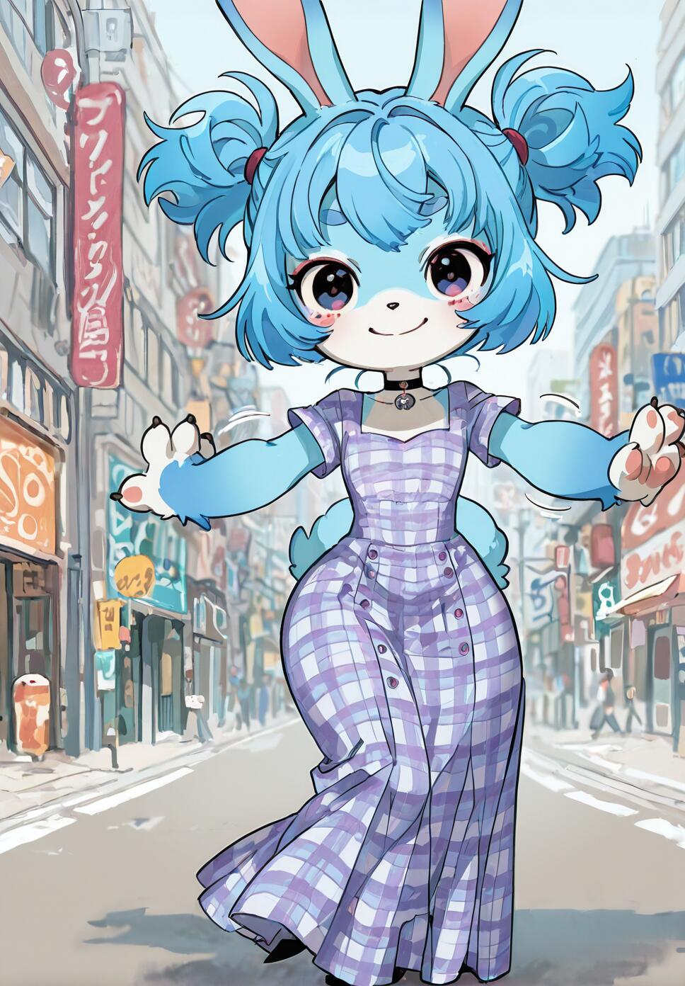 An anthropomorphic blue bunny girl with blue hair in pigtails, smiling happily as she walks down a Japanese city street. She is wearing a long, purple and white plaid dress and a black choker.