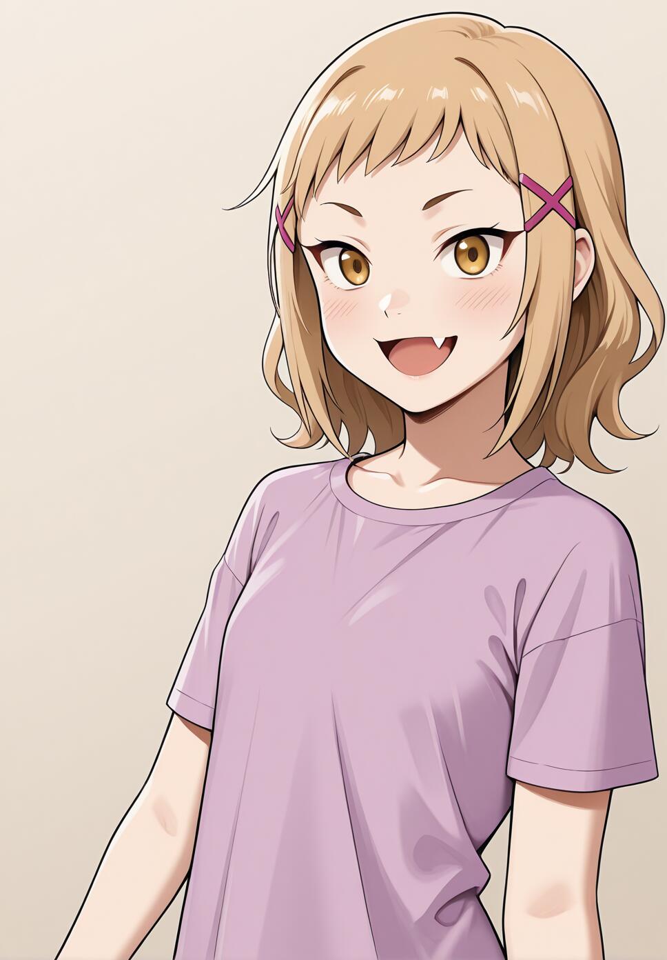 An anime-style illustration of Koharu Minami, a young girl with short blonde hair and golden eyes. She is smiling happily, showing a small fang, and wears a purple t-shirt and pink hair clips.