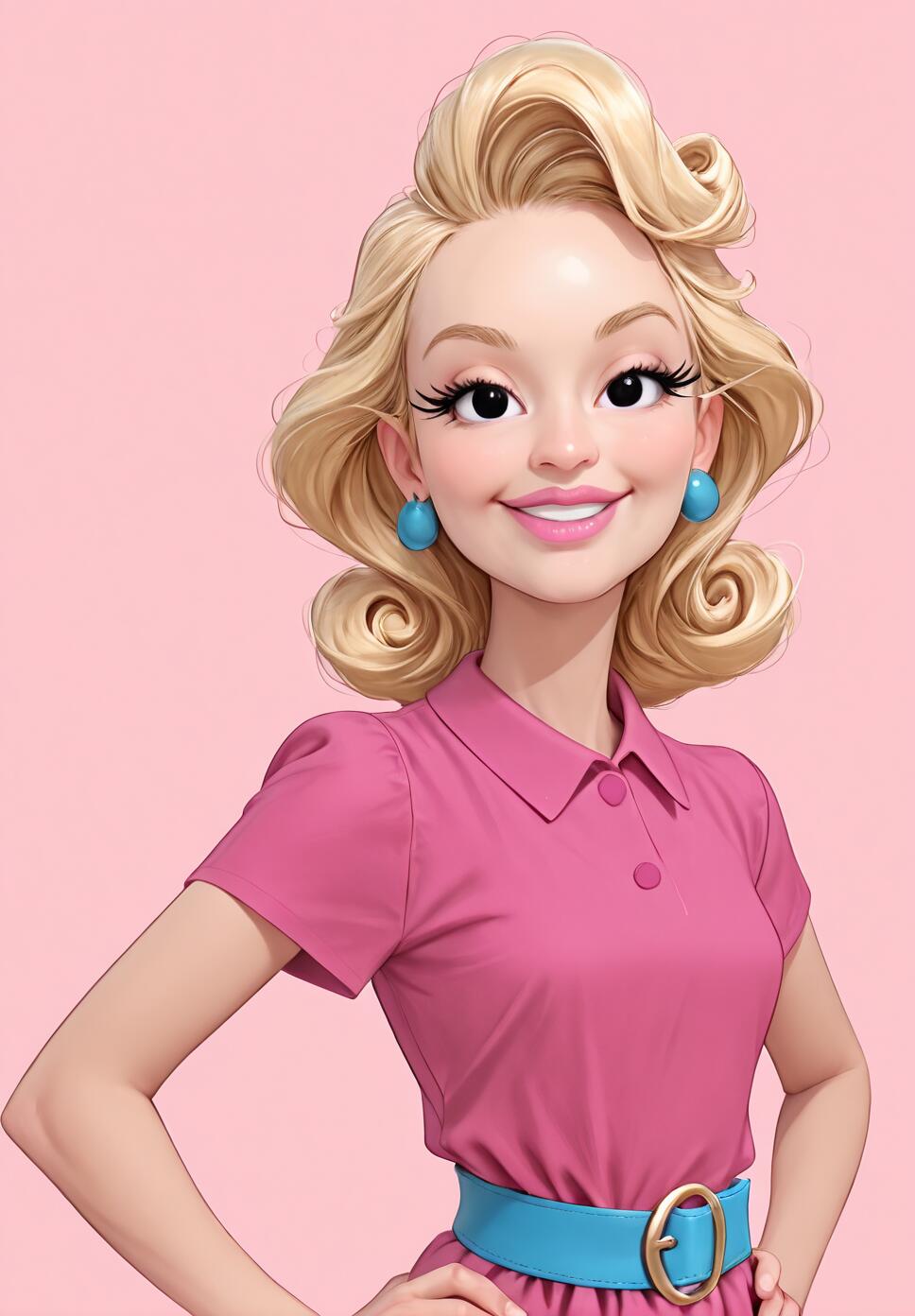 A digital illustration of a cheerful young woman with curly blonde hair. She wears a pink dress, a blue belt, and blue earrings, smiling against a pink background.