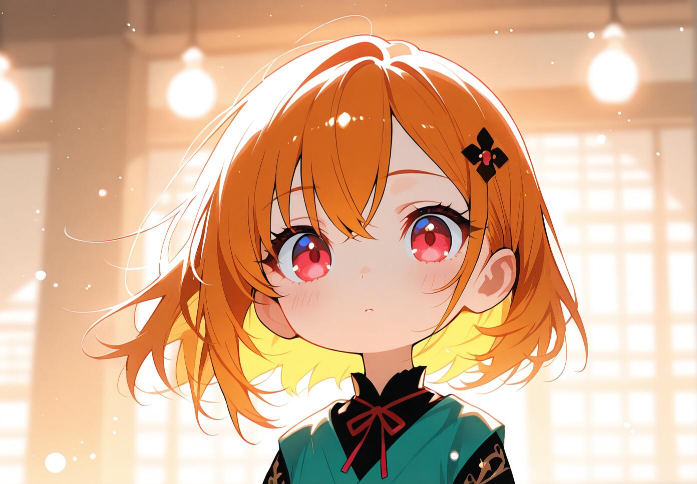 A close-up of a cute chibi anime girl with short orange hair, large red eyes, and a black hairpin, wearing a green and black outfit in a softly lit, warm-toned room.