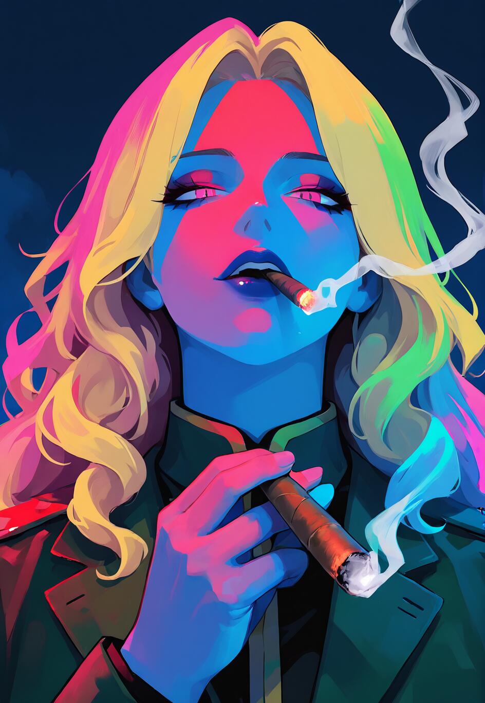 A digital illustration of a blonde woman in a military jacket, smoking a cigar. Her face is lit with dramatic blue and pink light, and her eyes are glowing.