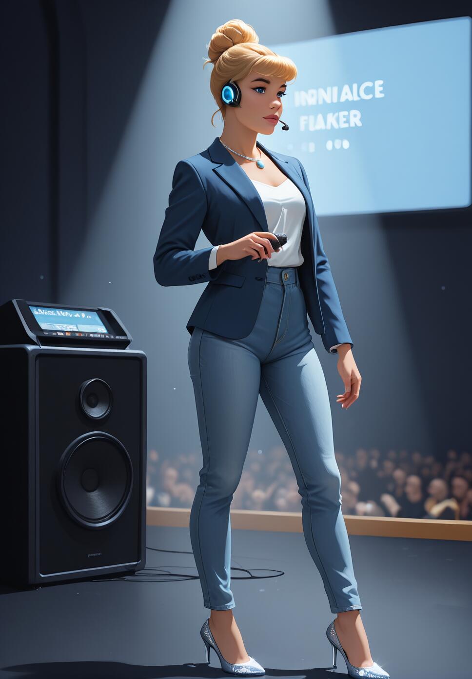 A full-body illustration of Cinderella as a modern motivational speaker on a stage, wearing a blue blazer, jeans, sparkly heels, and a headset microphone.