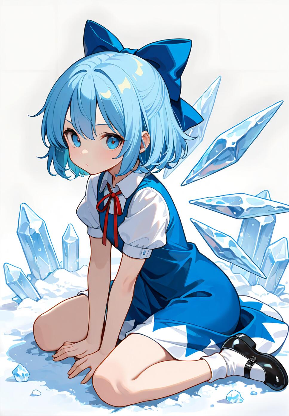An anime girl with short blue hair and a large blue bow, identified as Cirno from Touhou Project, kneels in the snow. She wears a blue dress, has wings made of ice shards, and is surrounded by large ice crystals.