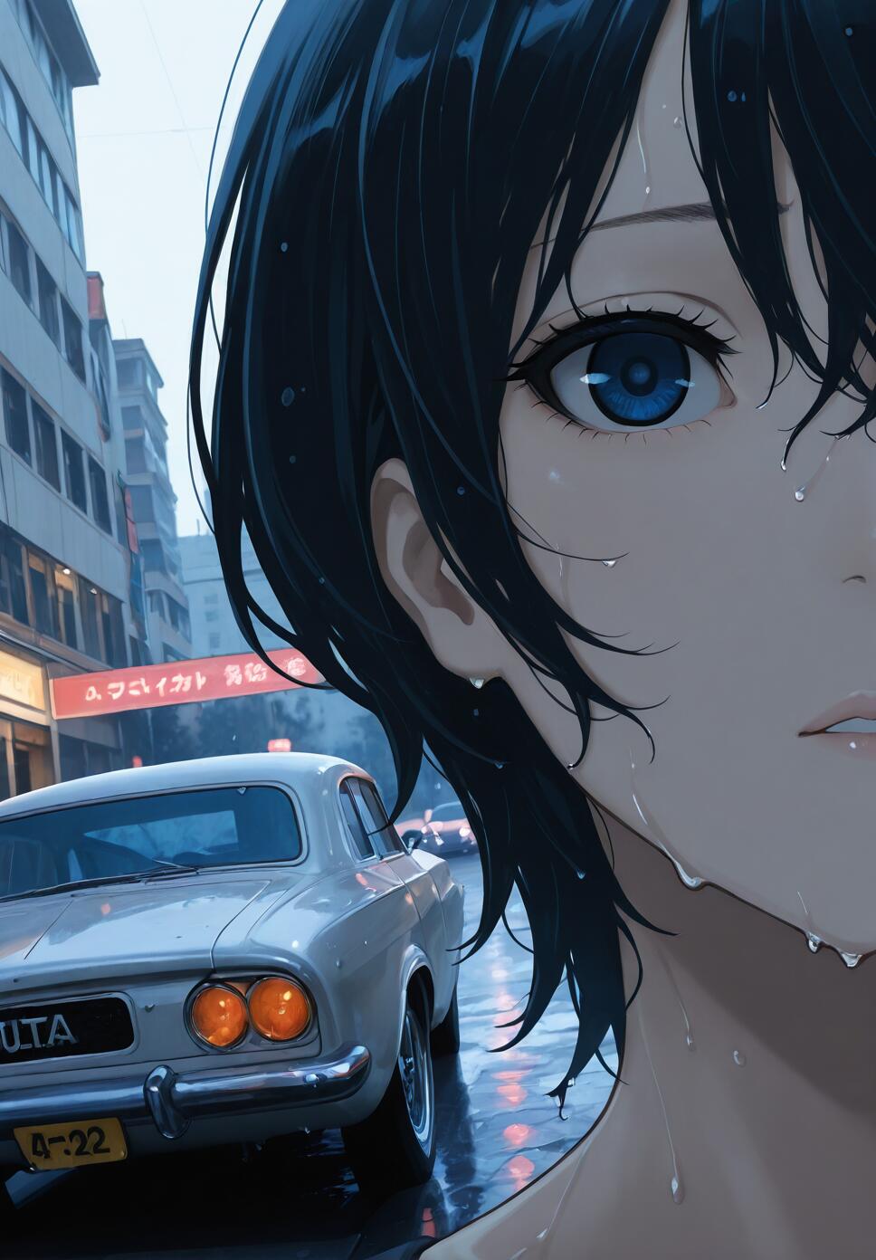 Close-up of an anime-style girl with short black hair and blue eyes, her face wet with rain. A vintage white car and a wet city street are visible in the background.