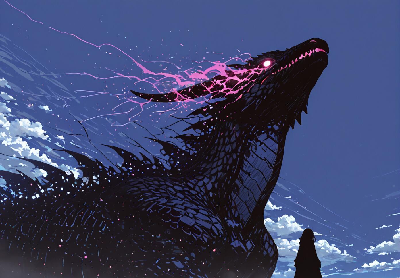 A low-angle digital illustration of a massive, dark-scaled dragon with glowing pink eyes and pink energy crackling around its head, looking up at a deep blue sky with clouds. In the foreground, the small silhouette of a cloaked person watches.