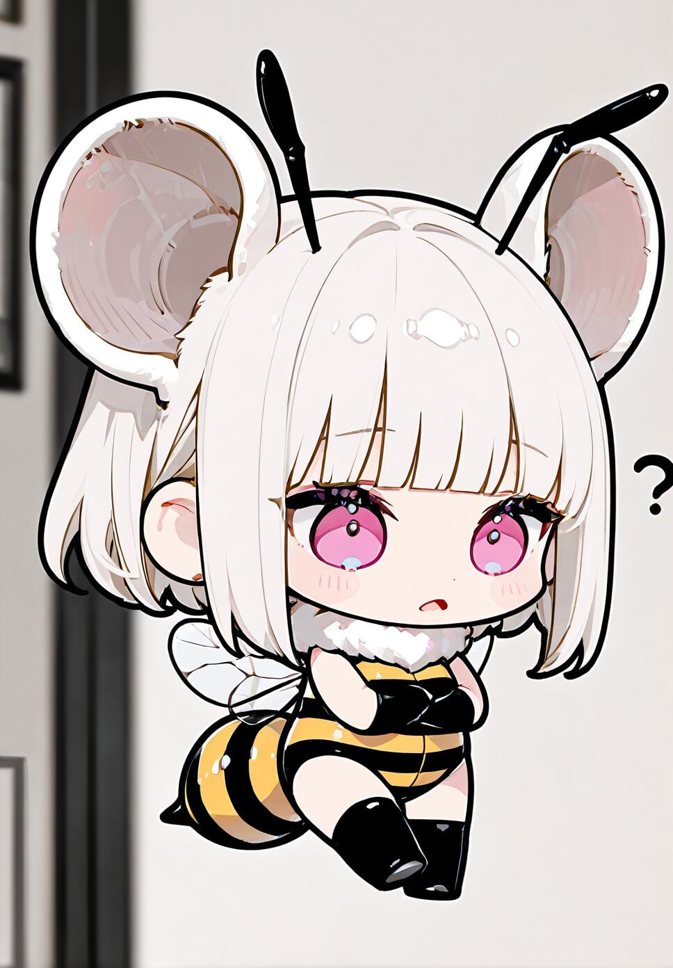 A cute chibi anime girl with white hair, large mouse ears, and pink eyes, wearing a bee costume with wings and a stinger. She looks down at herself with a confused expression, a question mark floating beside her head.