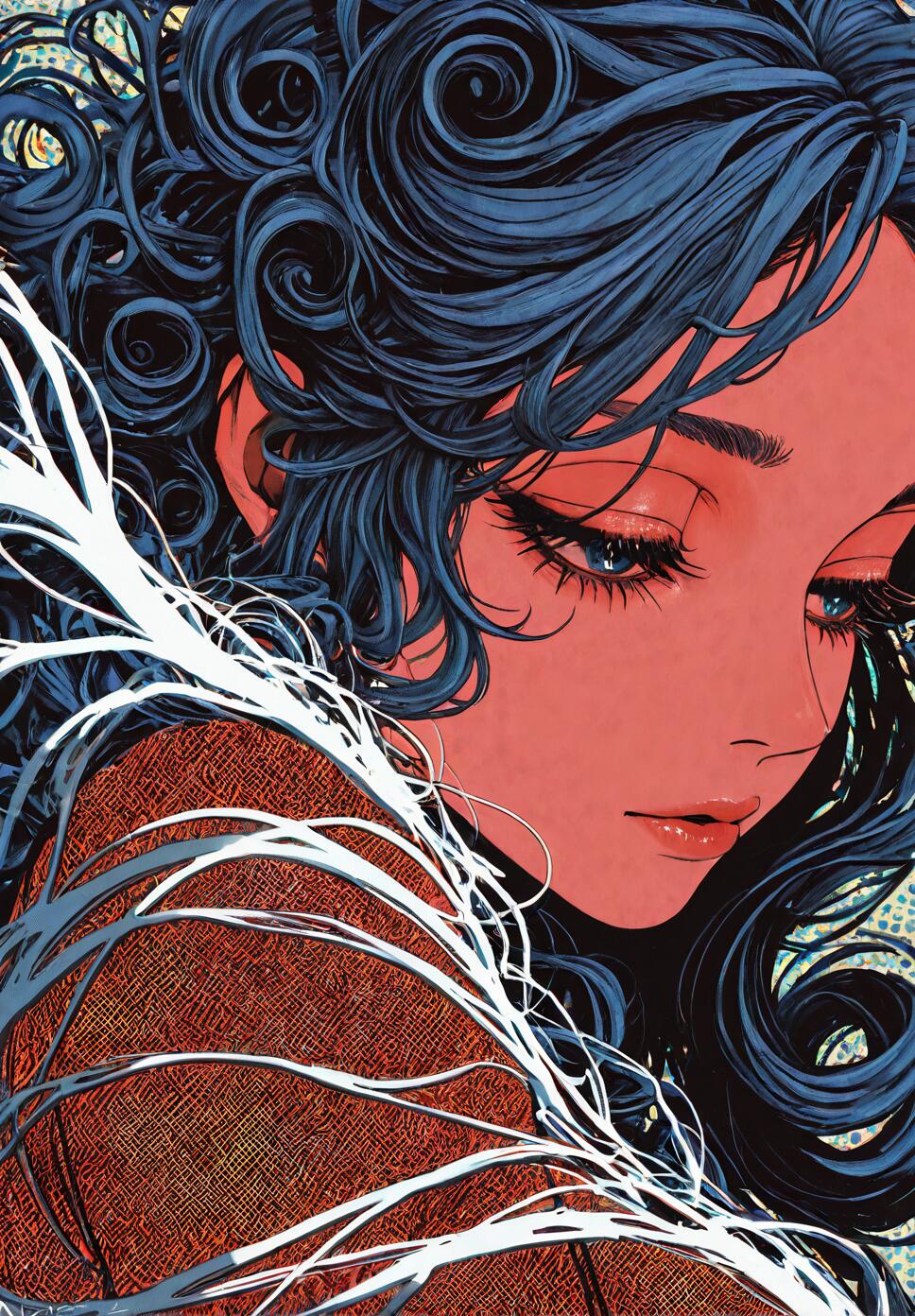 An artistic illustration of a woman with voluminous curly blue hair and reddish skin, looking down with a thoughtful expression. White tendrils flow over her textured orange shoulder.