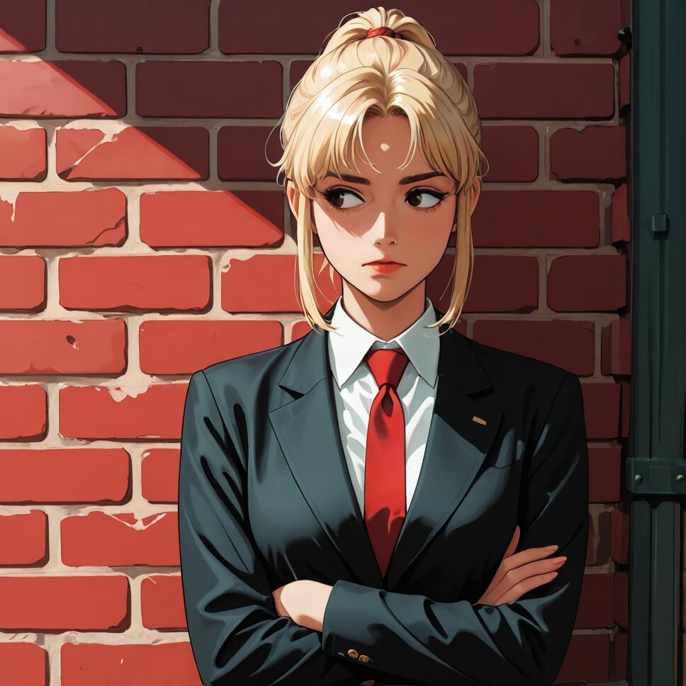 An anime-style illustration of a blonde woman resembling Makima from Chainsaw Man in a black suit and red tie. She has her arms crossed and is looking to the side while leaning against a red brick wall.