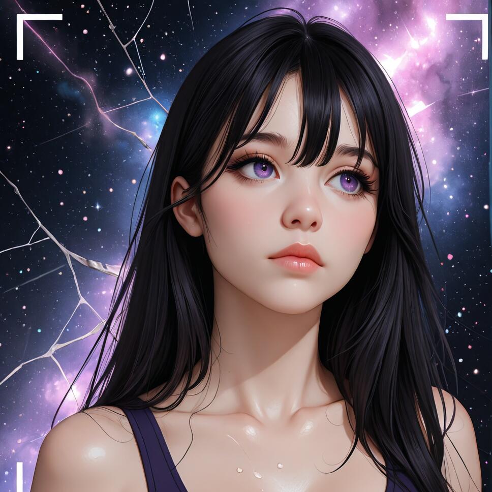A close-up portrait of a beautiful young woman with long black hair and striking purple eyes, looking up against a purple and blue galaxy background with a shattered glass overlay.