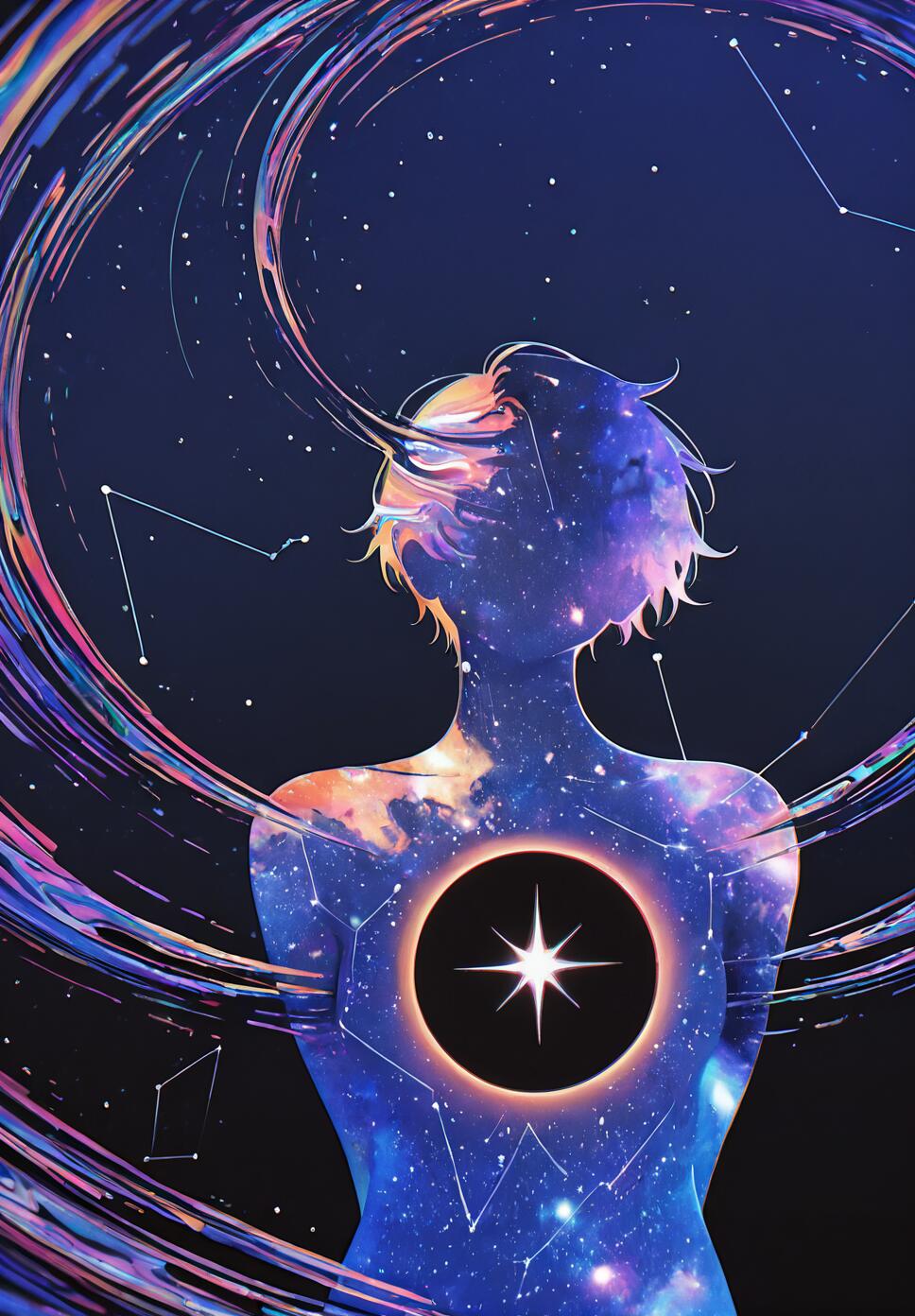 A silhouette of a short-haired person from behind, filled with a vibrant blue and purple galaxy pattern. A bright star emerges from a black circle in their chest, and colorful swirls of light orbit them against a starry night sky.