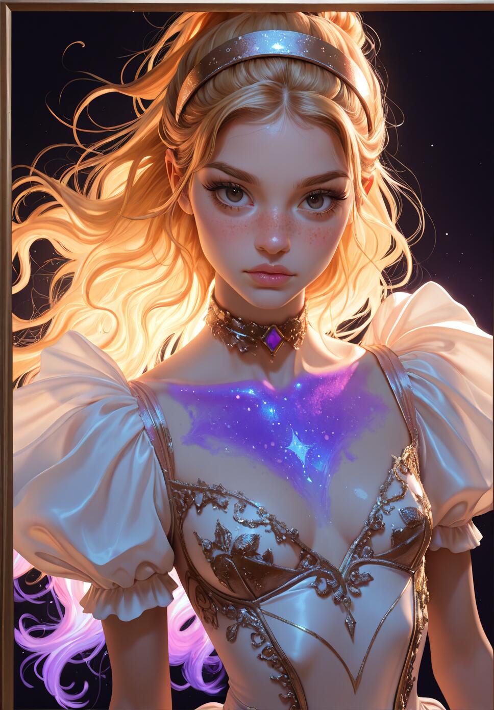 A digital fantasy portrait of a beautiful young woman with glowing blonde hair in a ponytail, wearing a white satin and metal dress, with a purple galaxy pattern glowing on her chest against a dark, starry background.