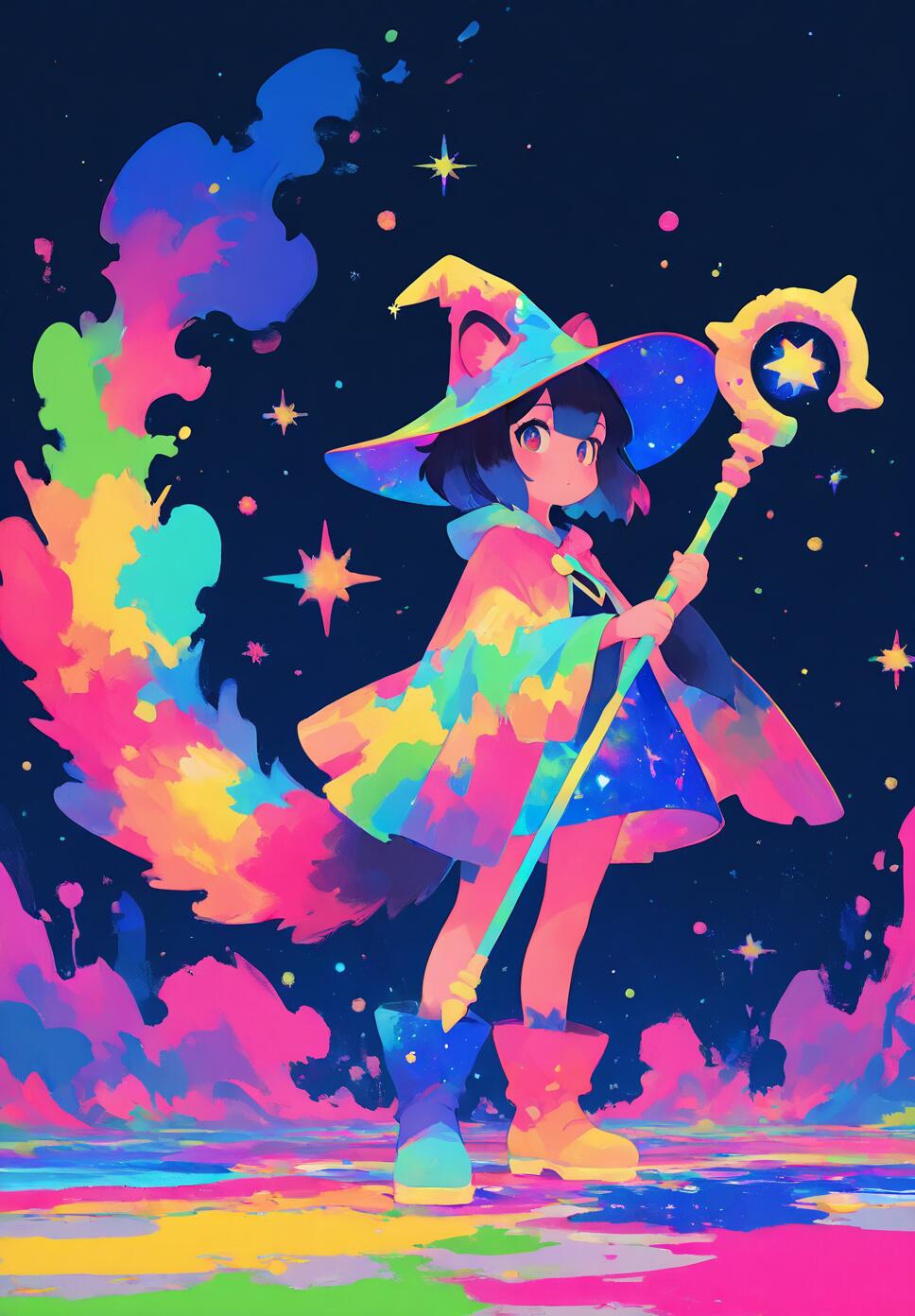 A full-body illustration of a young anime-style witch with dark hair and animal ears. She wears a multicolored rainbow cape and a pointed wizard hat, and holds a magical staff. She stands against a dark, starry background with large, vibrant splashes of rainbow-colored energy.