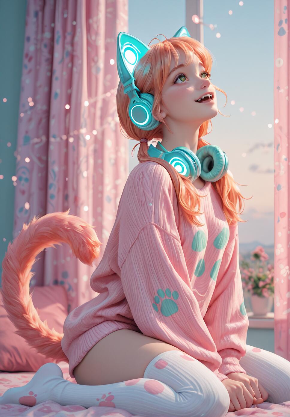 A young woman with strawberry-blonde hair, cat ears, and a fluffy pink tail, wearing a pink sweater, thigh-high socks with paw prints, and glowing teal headphones, kneels on a bed in a pastel pink room, looking up happily.