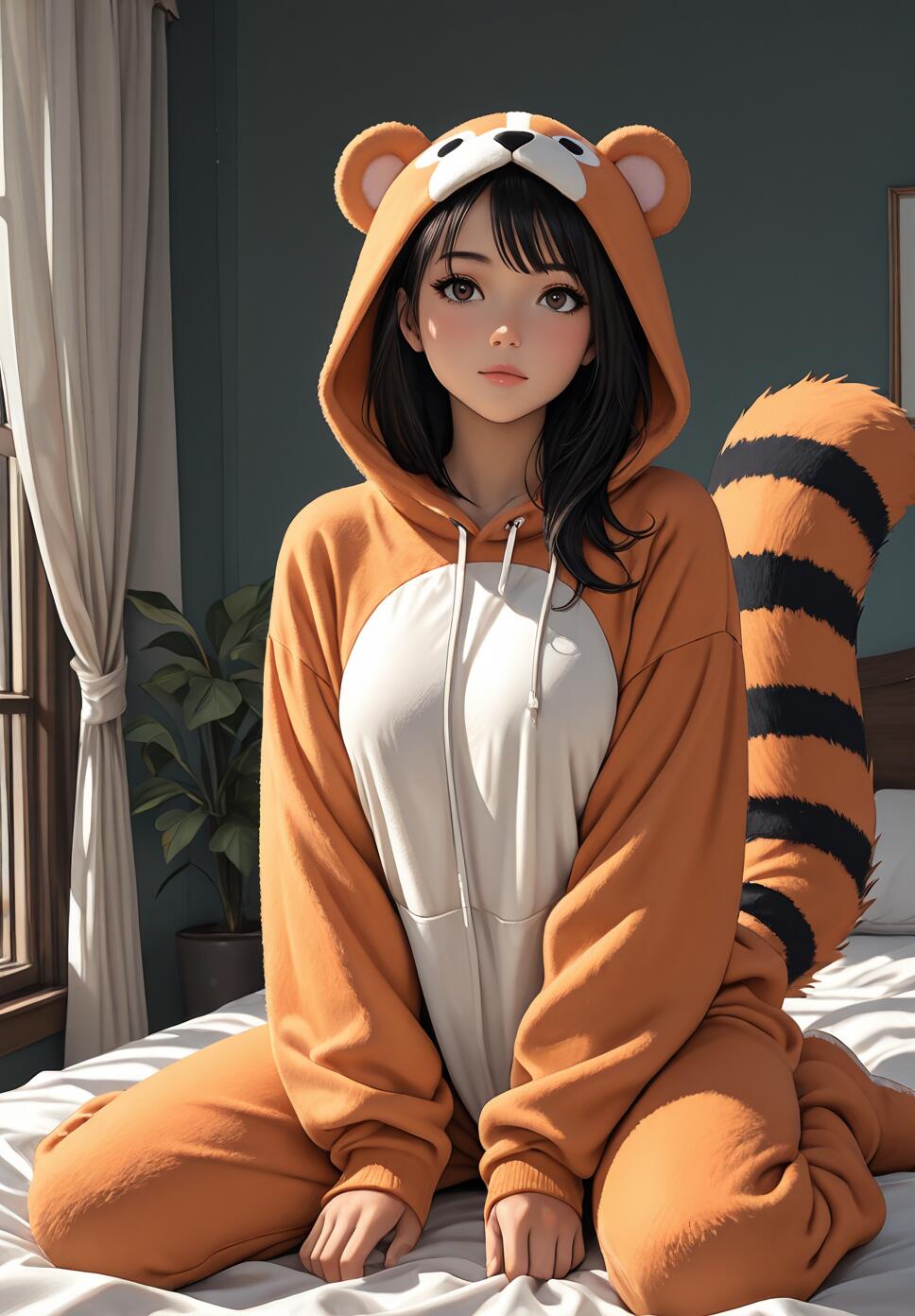 An anime-style illustration of a young woman with black hair and brown eyes sitting on a bed, wearing a fluffy orange and white red panda kigurumi with a hood and a large striped tail.